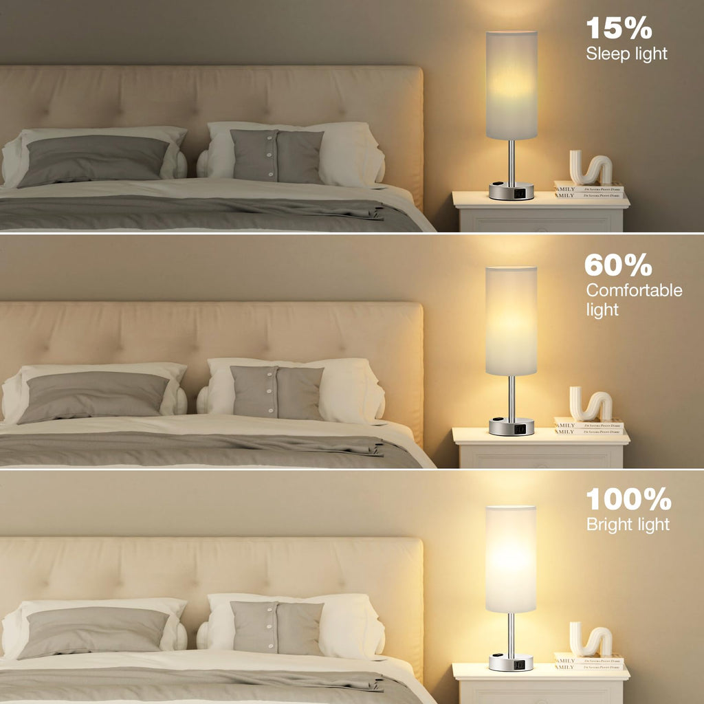 Fenmzee Bedside Table Lamp for Bedroom - Dimmable Touch, USB A+C, AC Outlet