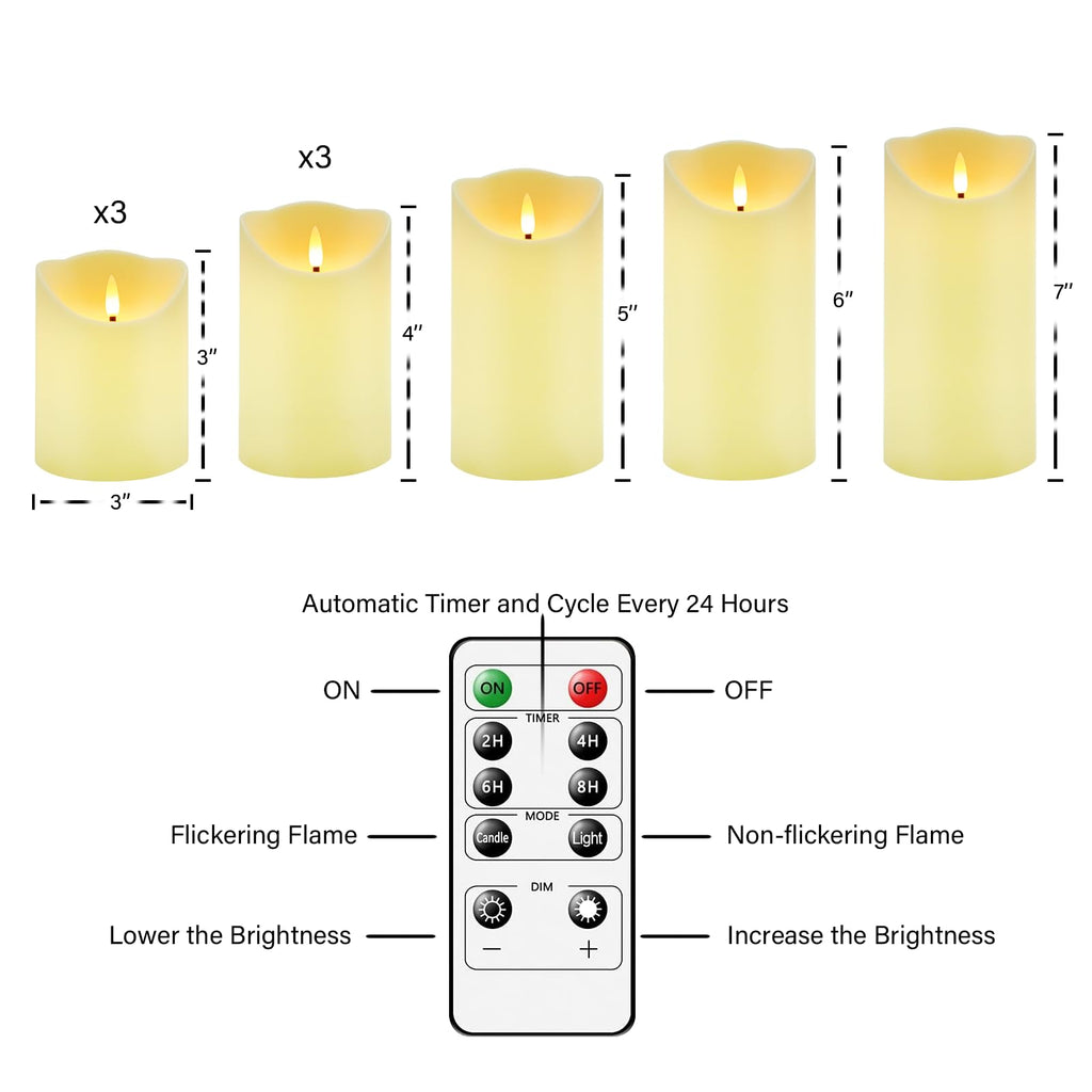 Nimiko Flameless Candles with Remote, Battery Operated Flickering Flameless Candles, LED Candles with Timer 2/4/6/8H, Realistic Drop Wax flameless Candle Set of 9 (D3 x H 3" 4" 5" 6" 7") (Black)