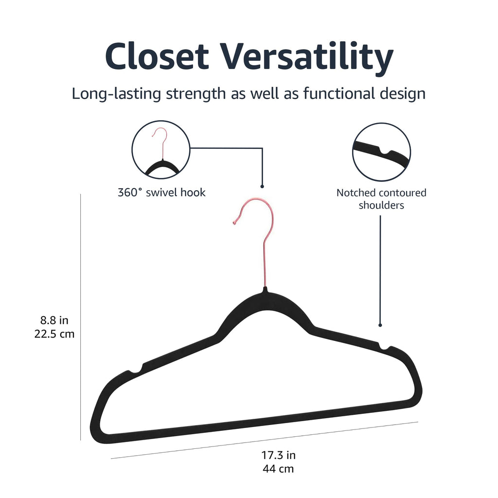 Amazon Basics Slim Velvet Non-Slip Space Saving Suit Clothes Hangers, Sturdy Construction, Navy Blue/Rose Gold, 50-Pack
