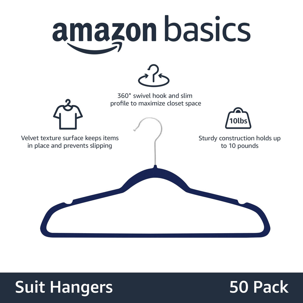 Amazon Basics Slim Velvet Non-Slip Space Saving Suit Clothes Hangers, Sturdy Construction, Navy Blue/Rose Gold, 50-Pack