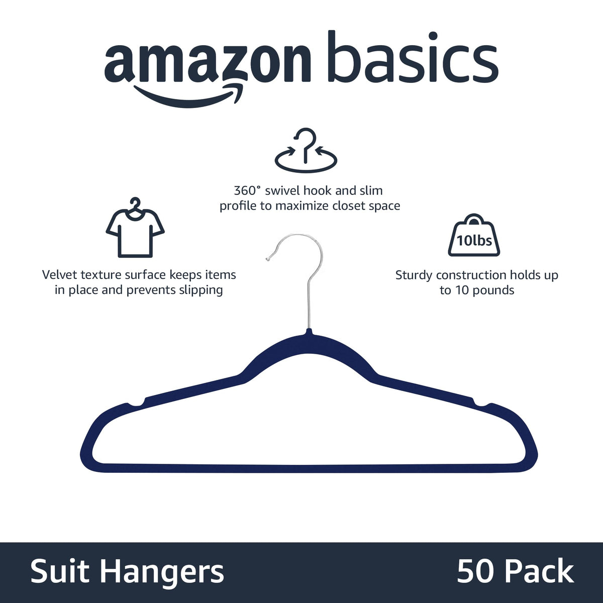 Amazon Basics Slim Velvet Non-Slip Space Saving Suit Clothes Hangers, Sturdy Construction, Navy Blue/Rose Gold, 50-Pack