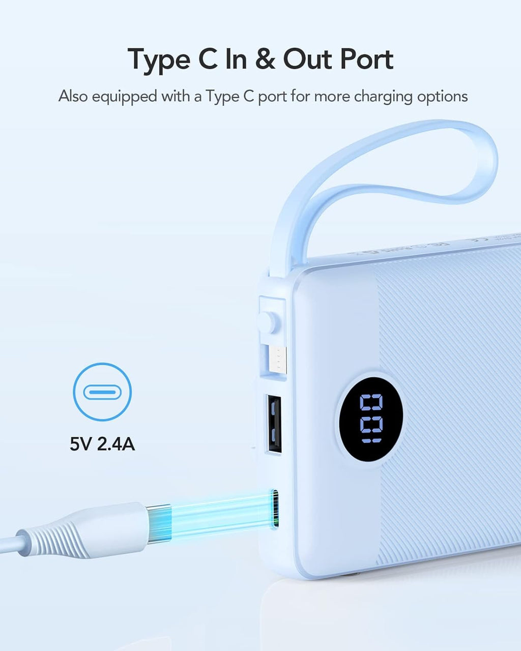 VRURC Portable Charger, Slim Power Bank Built-in 4 Cables, Travel Essential