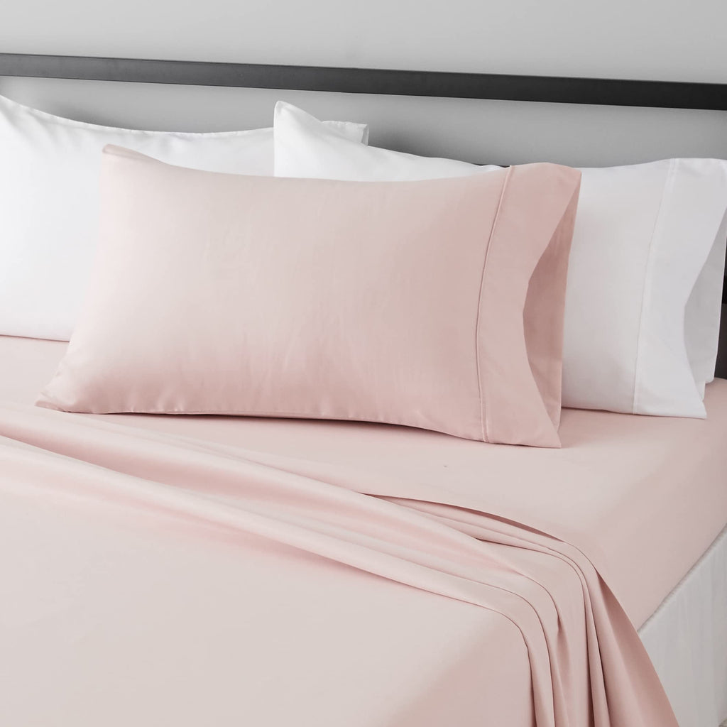 Amazon Basics Lightweight Super Soft Breathable Wrinkle-Resistant Microfiber 4-Piece Bed Sheet Set with 14-Inch Deep Pockets, Queen, Bright White, Solid