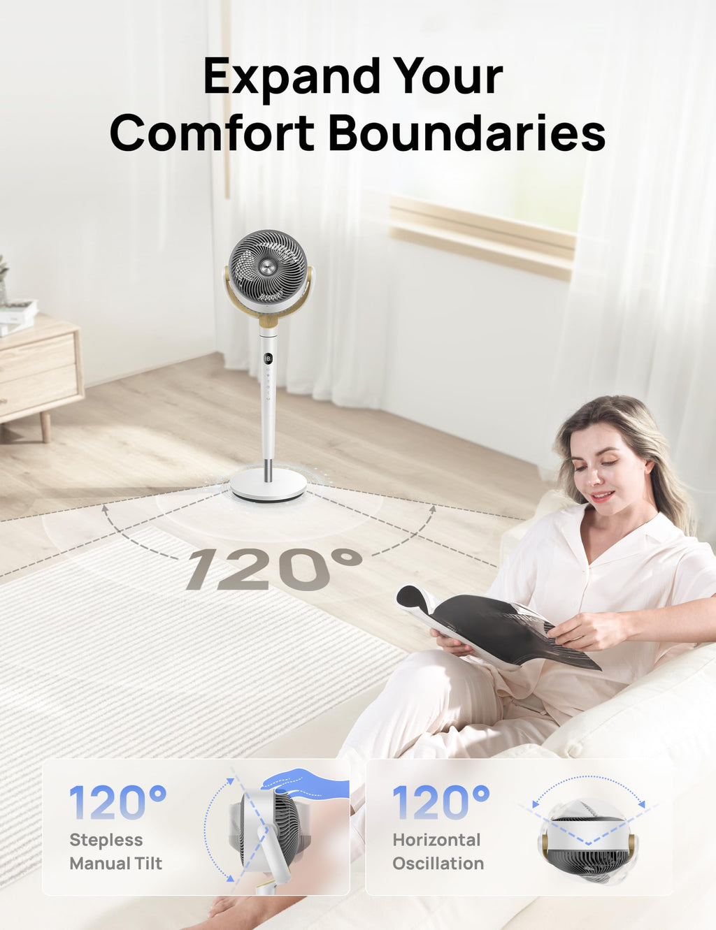 DREO Pedestal Fan for Bedroom, 100ft Airflow, Quiet DC Motor Standing Fan