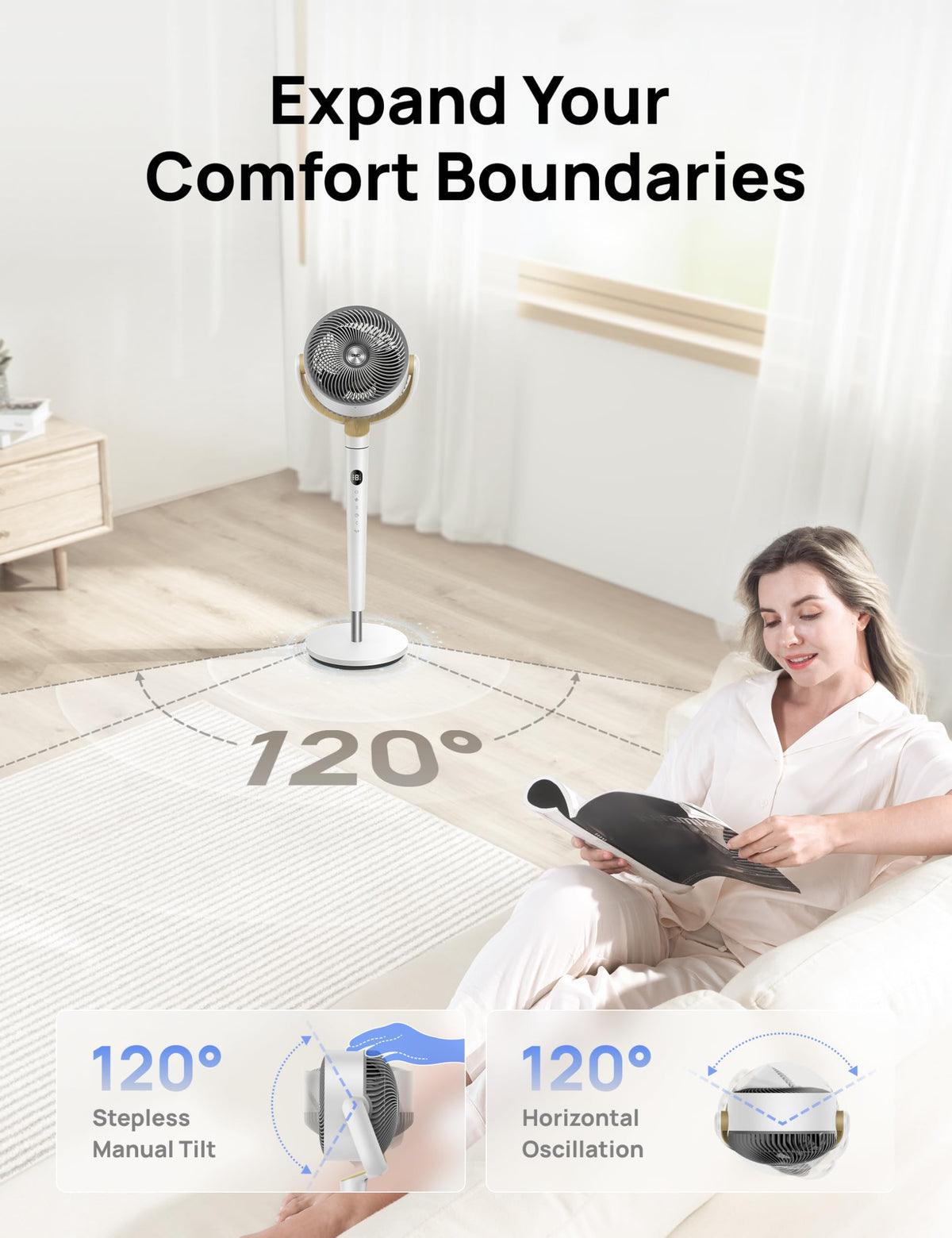 DREO Pedestal Fan for Bedroom, 100ft Airflow, Quiet DC Motor Standing Fan