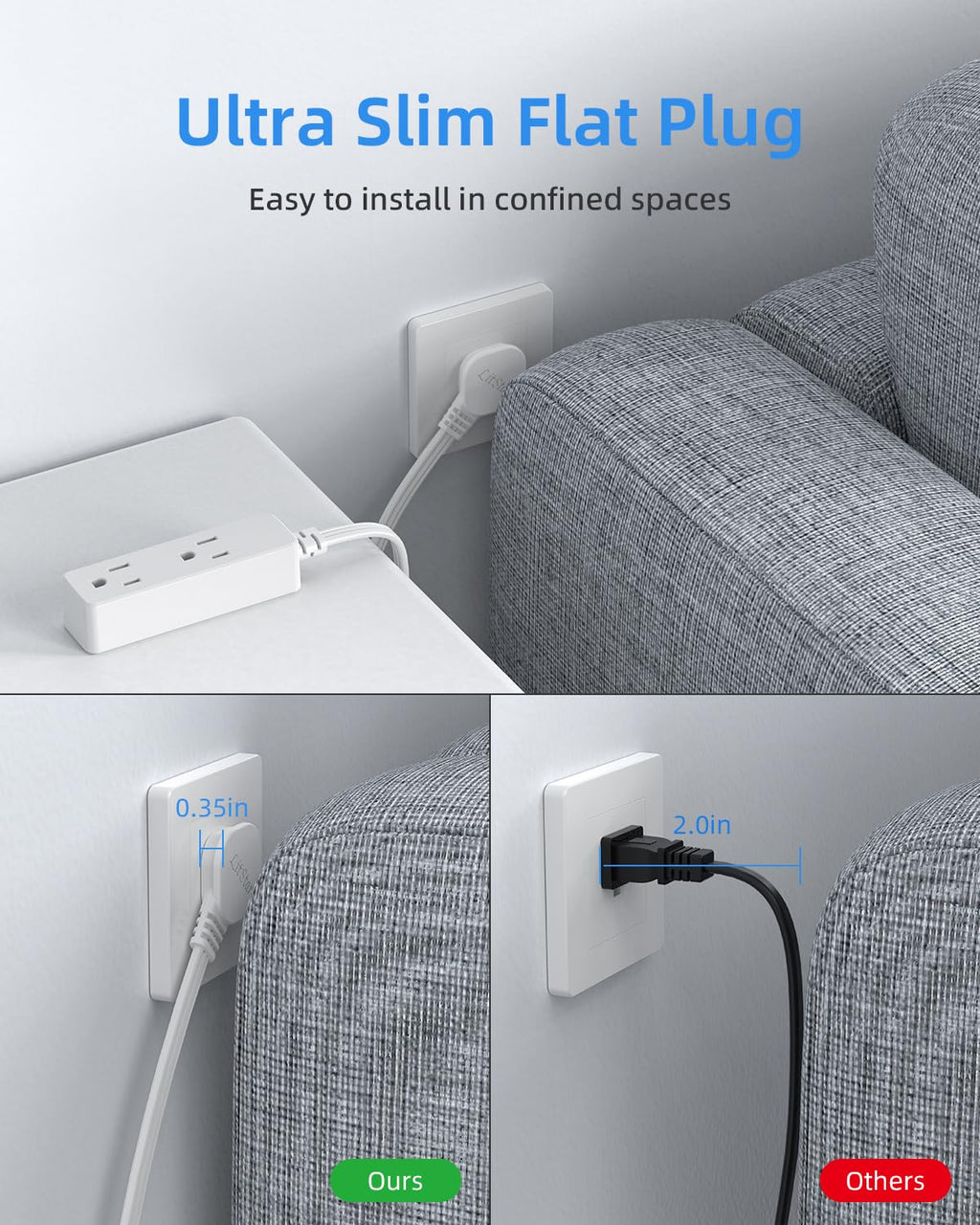 Flat Plug Extension Cord with 3 Outlets - 6Ft Low Profile Indoor 3 Prong Grounded Power Strip for Home Office & Travel - 16 AWG 13A/1625W, Black