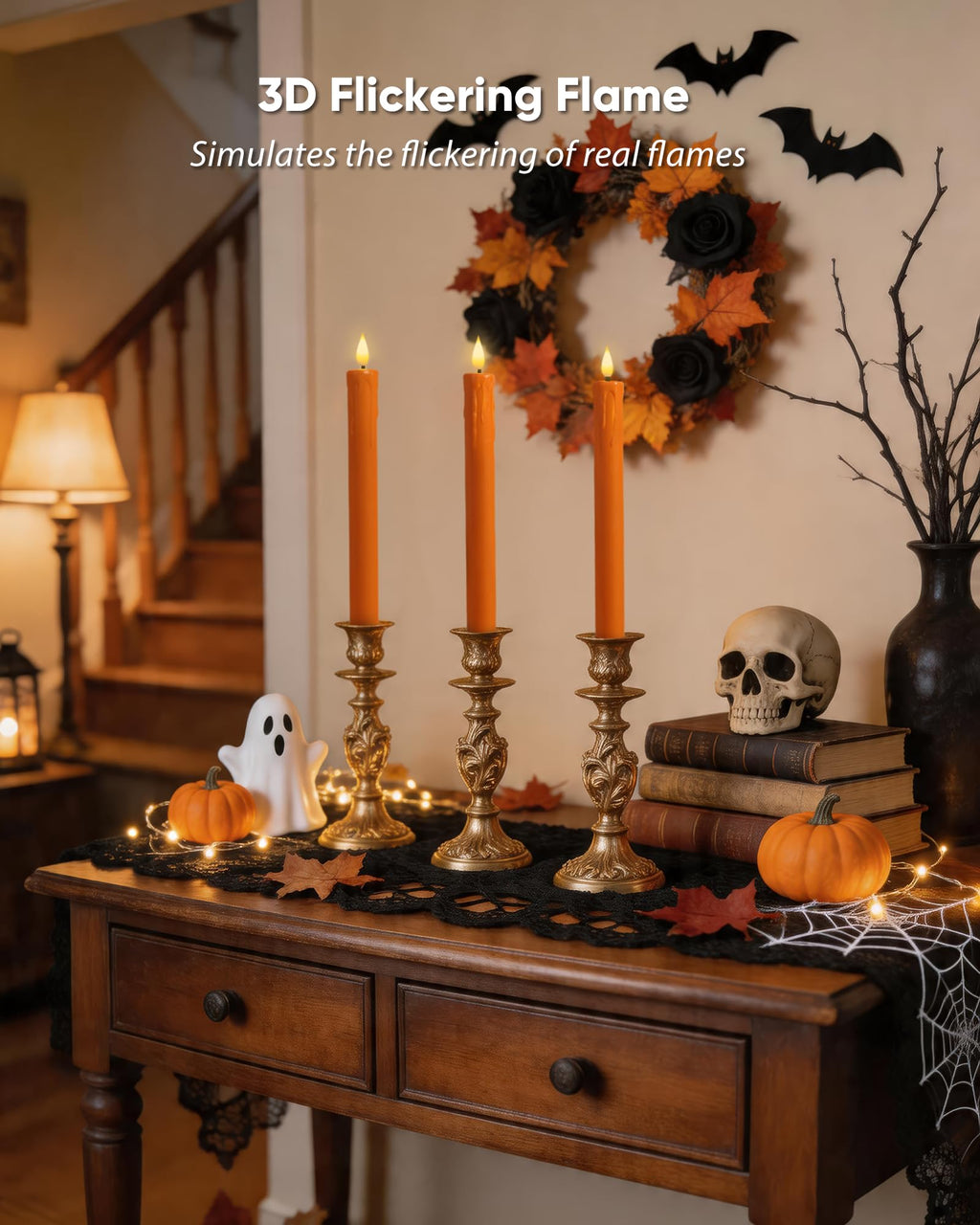 Homemory 6 Pcs Real Wax Ghost Flameless Taper Candles, 3D Wick Flickering Led Candlesticks 9.6 Inch Battery Operated with Remote & Timer, Spooky Halloween Gothic Indoor Decor