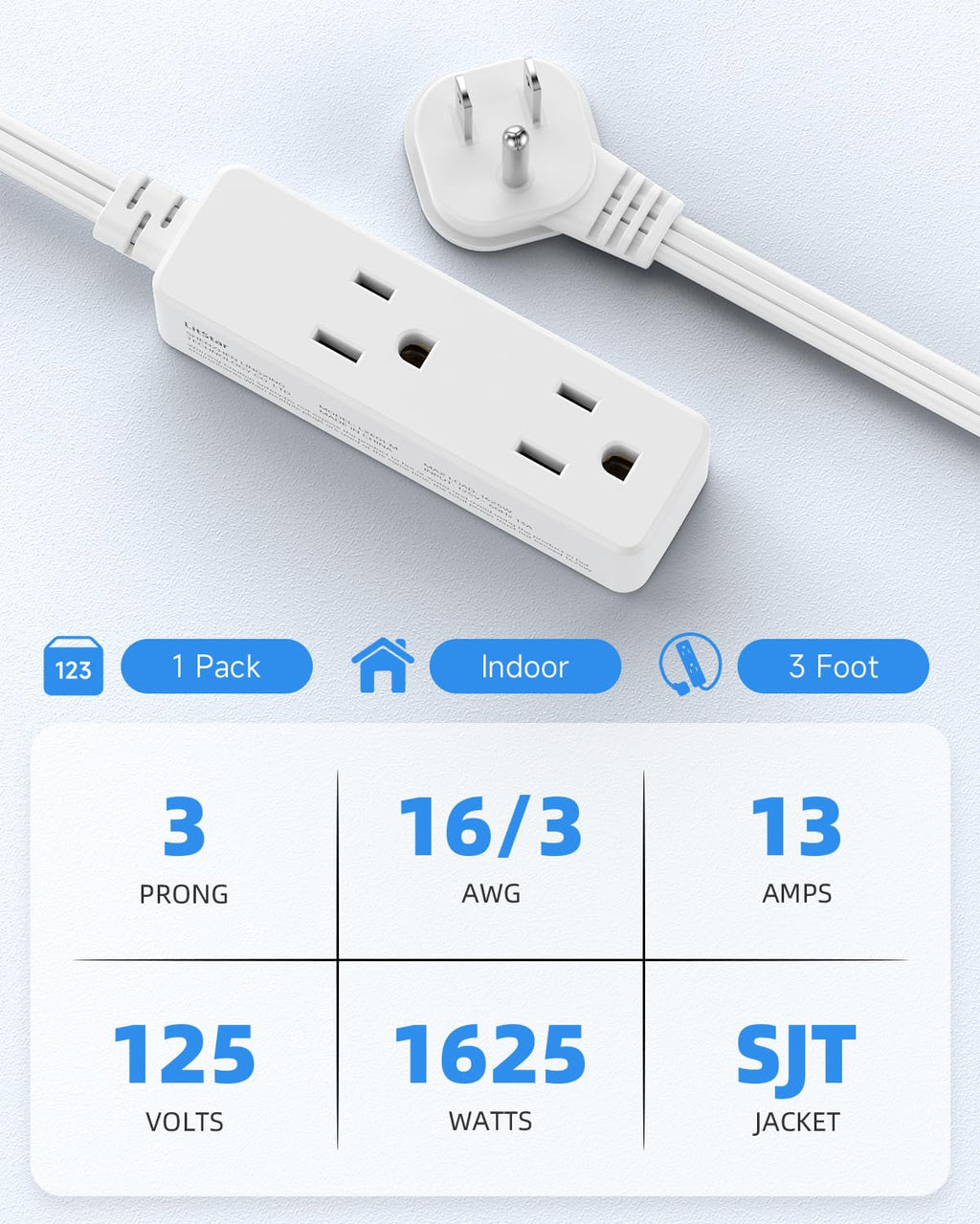 Flat Plug Extension Cord with 3 Outlets - 6Ft Low Profile Indoor 3 Prong Grounded Power Strip for Home Office & Travel - 16 AWG 13A/1625W, Black