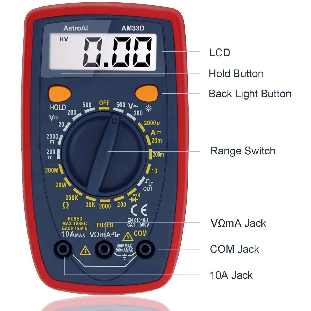 AstroAI Digital Multimeter Tester with Capacitance, 2000 Counts DC AC Voltmeter and Ohm Volt Amp Meter; Measures Voltage, Current, Resistance, Capacitance, Continuity and Diode, Orange