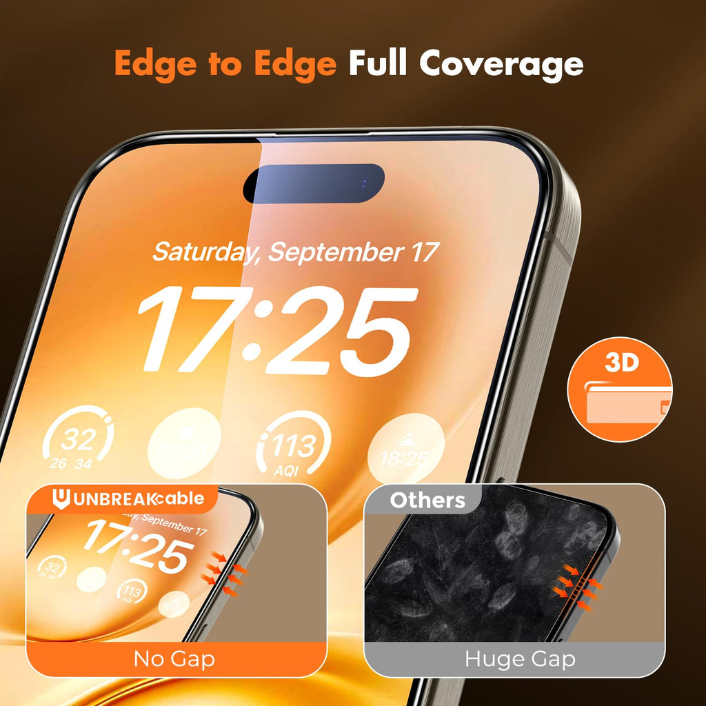 UNBREAKcable 3-Pack Screen Protector for iPhone 16 Pro Max, Full Coverage