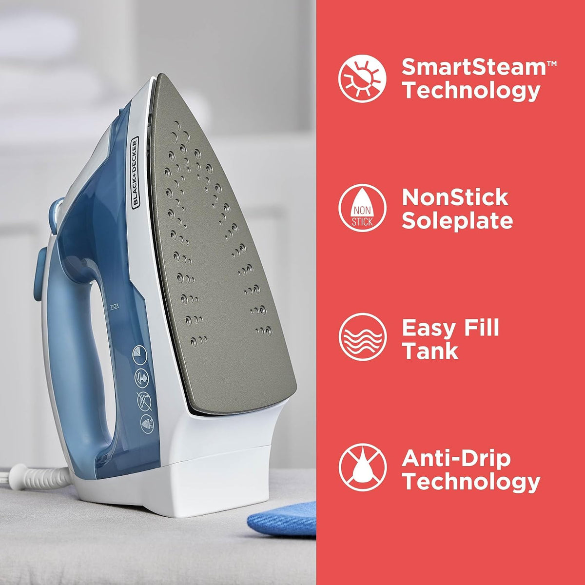 BLACK+DECKER Easy Steam Compact Iron for Clothes, Automatic Shutoff, Nonstick Plate, Light Weight, 1200 Watts