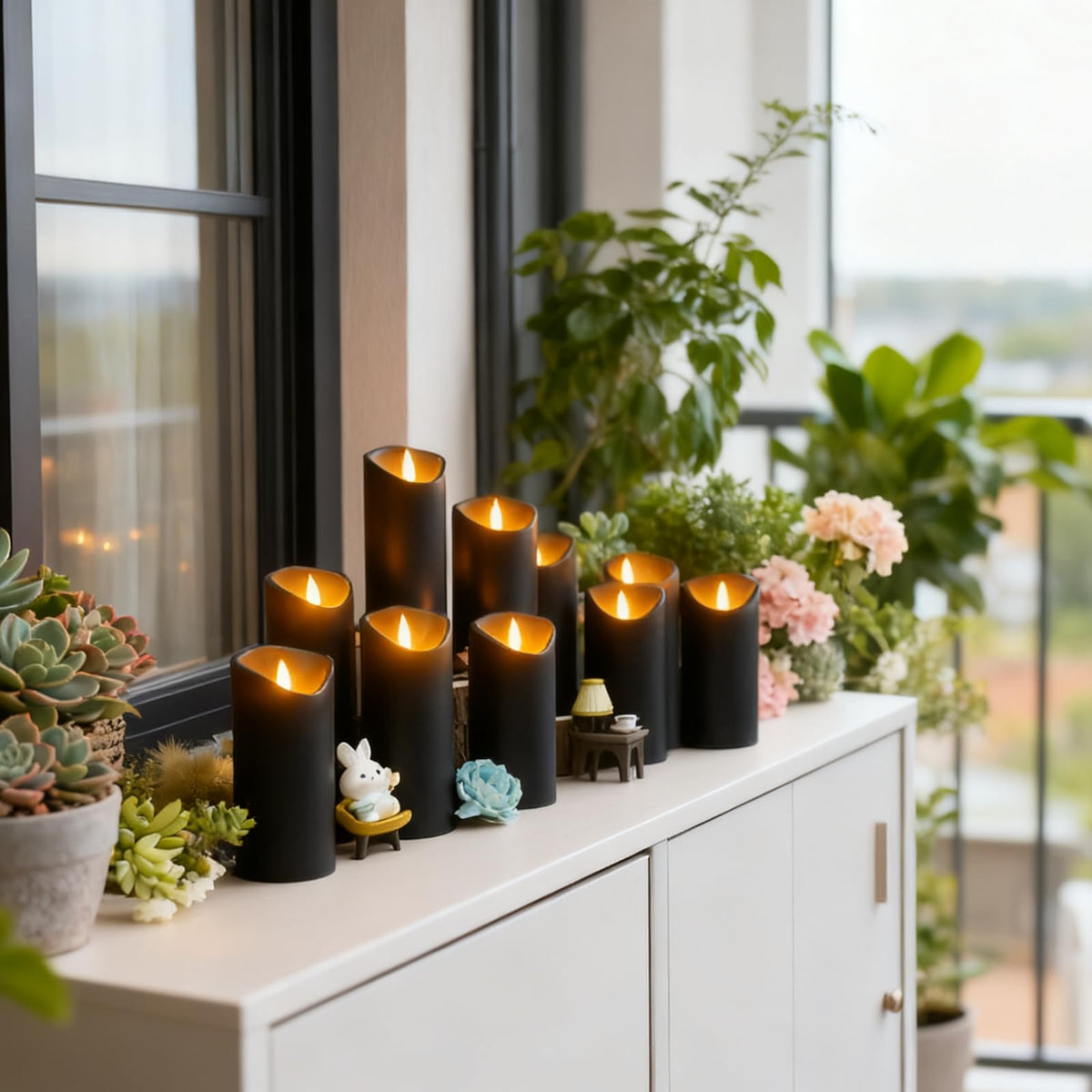 Nimiko Flameless Candles with Remote, Battery Operated Flickering Flameless Candles, LED Candles with Timer 2/4/6/8H, Realistic Drop Wax flameless Candle Set of 9 (D3 x H 3" 4" 5" 6" 7") (Black)