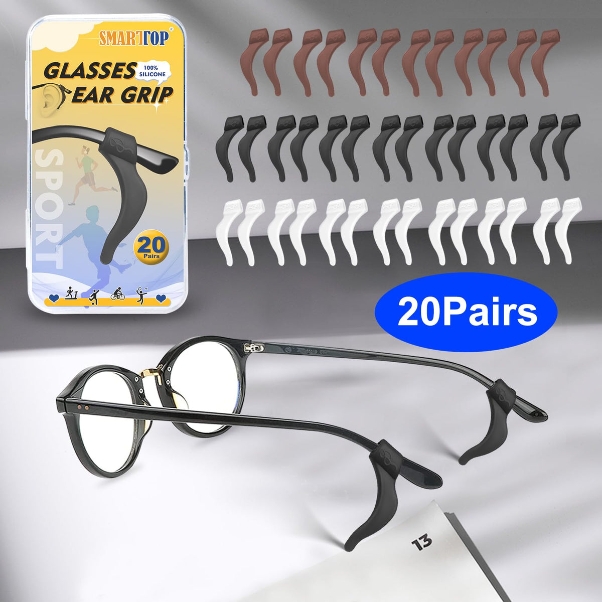 SMARTTOP Eyeglass Ear Grips -20 Pairs eye glasses ear grippers Anti-slip Holder, Silicone Ear Hook, eyeglasses ear grip Sleeve Retainer for Sports Glasses, Sunglasses Reading Glasses