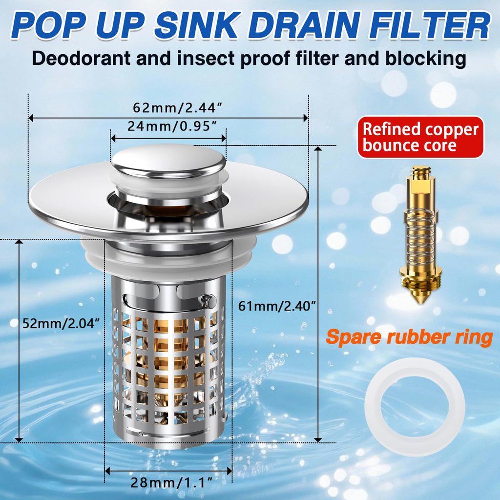 Bathroom Sink Drain Strainer,(2PCS) Pop-up Sink Drain Strainer with Removable Stainless Steel Strainer Basket Hair Catcher, Bathroom Sink Strainer for Bathroom Sink Stopper Replacement