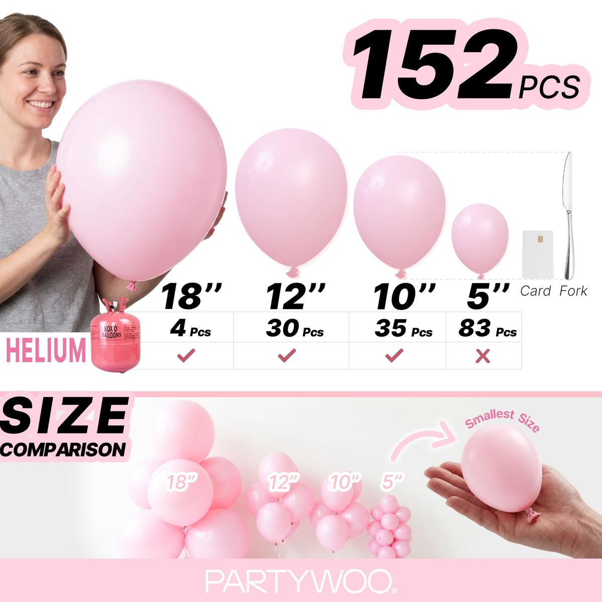 PartyWoo Baby Pink Balloons 152pcs Pastel Pale Light Pink Different Sizes