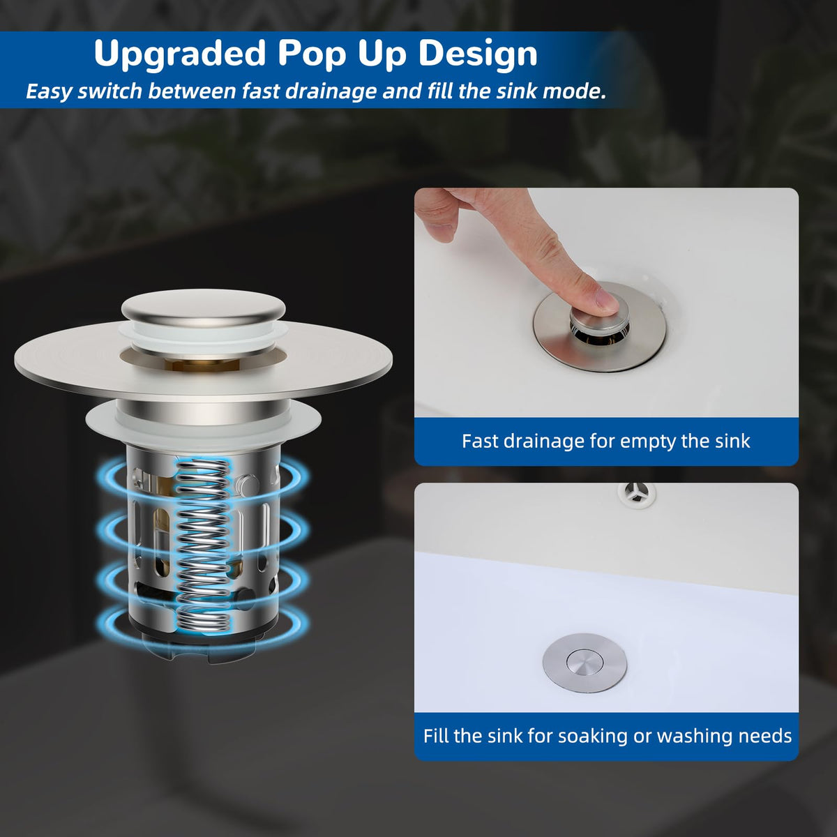 Hibbent Upgraded 3 in 1 Bathroom Sink Drain Strainer, Pop Up Stopper