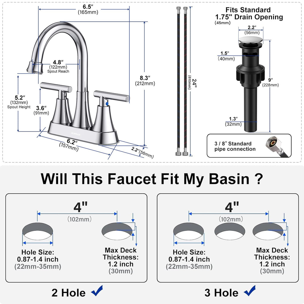 Matte Black Bathroom Faucet, Hurran 4 inch Centerset 2-Handle Lead-Free