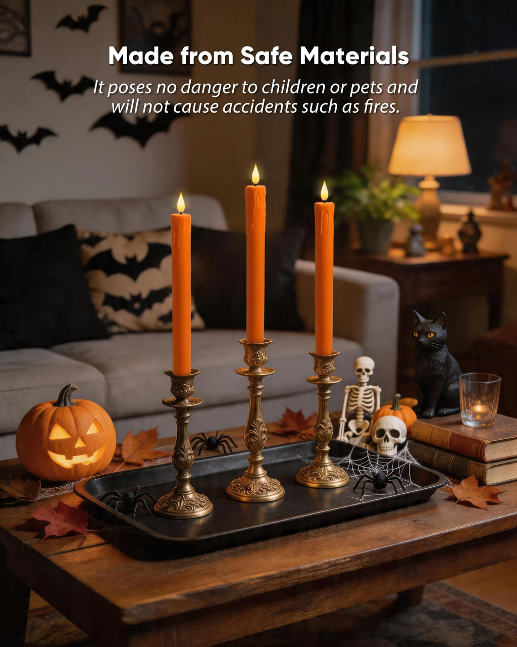 Homemory 6 Pcs Real Wax Ghost Flameless Taper Candles, 3D Wick Flickering Led Candlesticks 9.6 Inch Battery Operated with Remote & Timer, Spooky Halloween Gothic Indoor Decor
