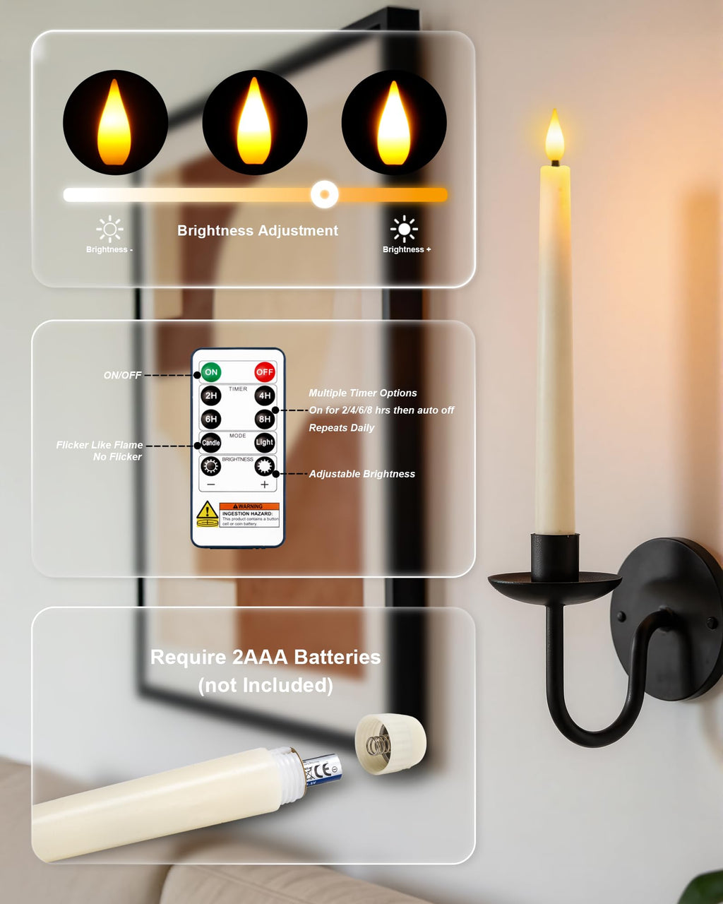 Homemory 6 Pcs Real Wax Ghost Flameless Taper Candles, 3D Wick Flickering Led Candlesticks 9.6 Inch Battery Operated with Remote & Timer, Spooky Halloween Gothic Indoor Decor