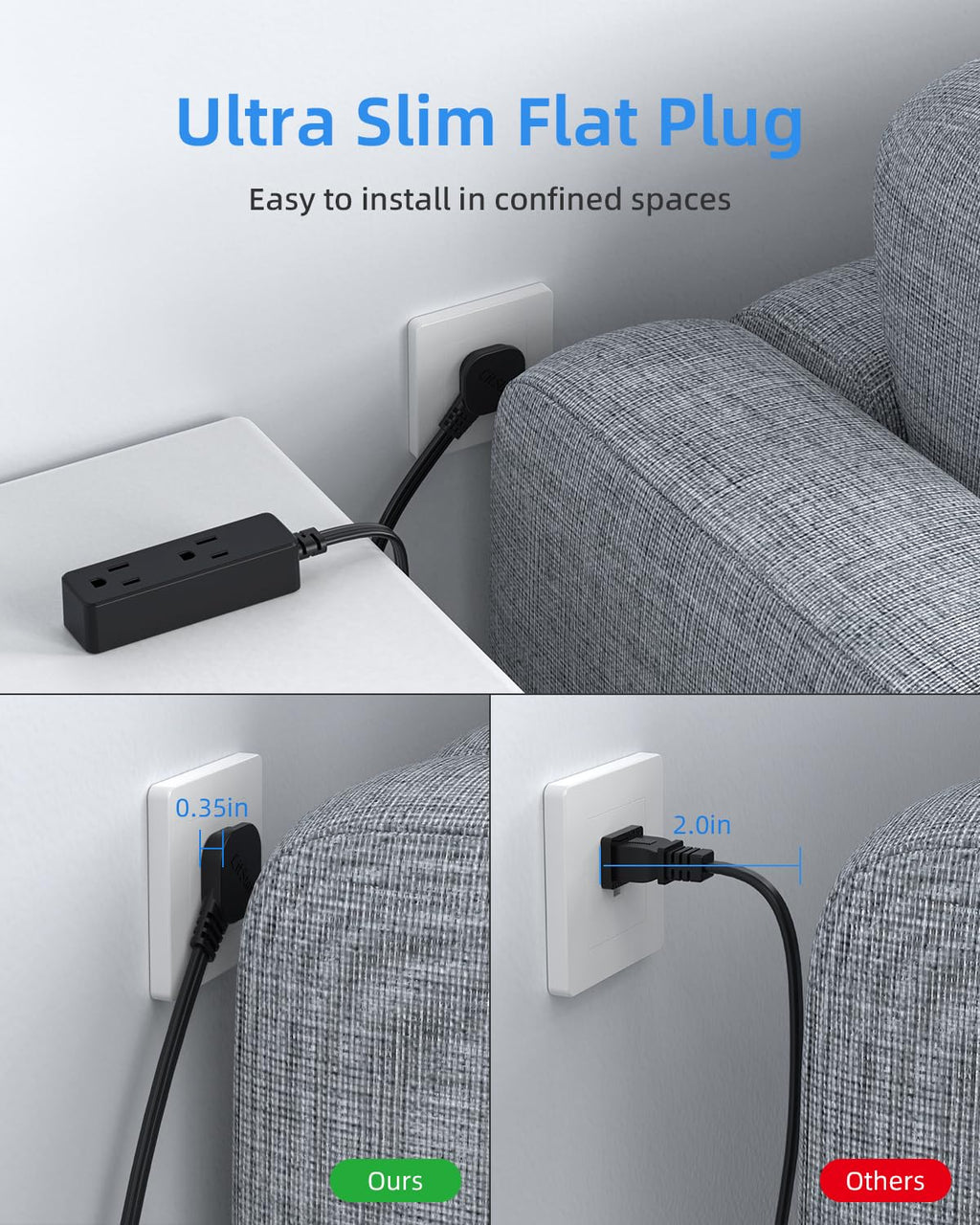 Flat Plug Extension Cord with 3 Outlets - 6Ft Low Profile Indoor 3 Prong Grounded Power Strip for Home Office & Travel - 16 AWG 13A/1625W, Black