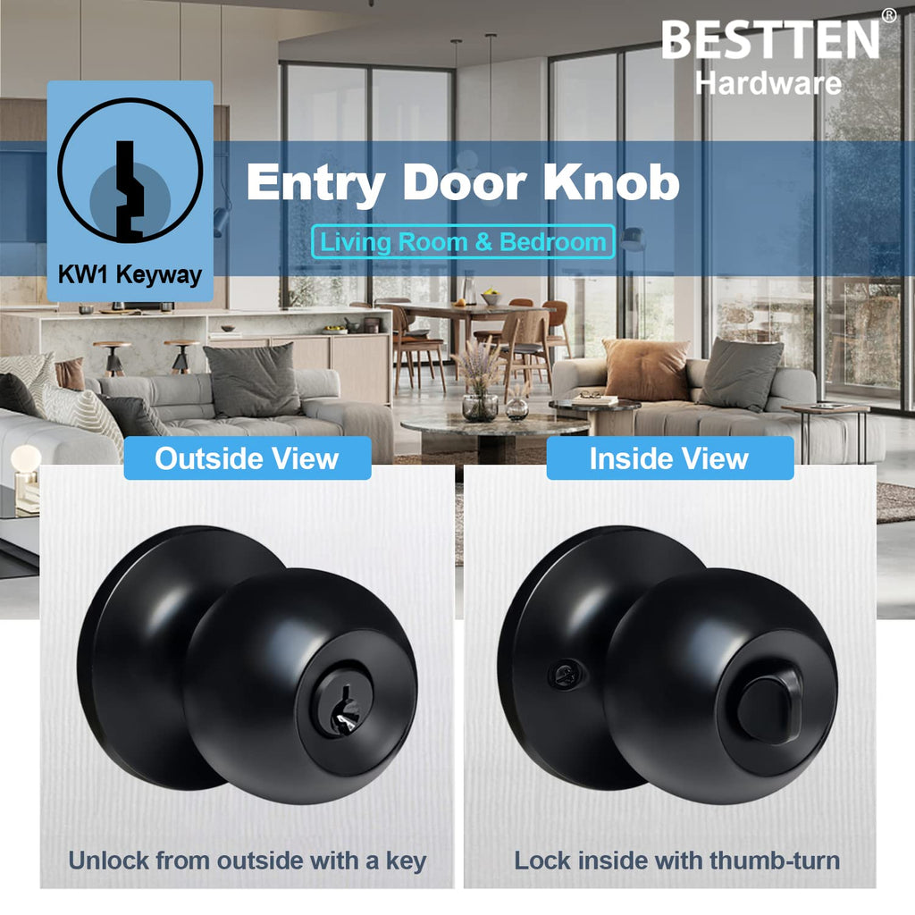 BESTTEN Keyed Entry Door Knob with Lock, Heavy Duty Interior and Exterior Door Lock, Standard Ball, Satin Nickel