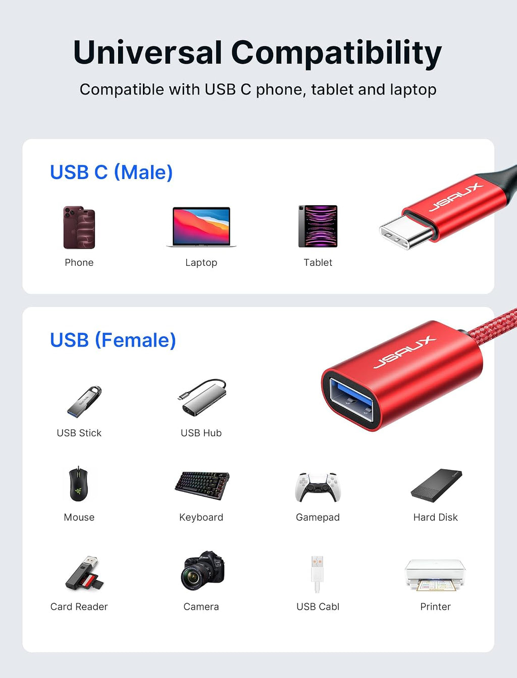 JSAUX USB C to USB 3.0 Adapter [2 Pack], USB C Male to USB Female OTG Cable Adapter Compatible with MacBook Pro/Air, iPhone 18 Pro Max/iPhone Duo‌/Air/17/16/15 Series, Samsung Galaxy S26/S25/S24-Red