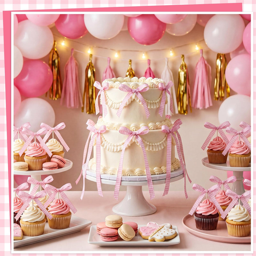 30 Pack Bow Cake Toppers Pink Ribbon Bows for Cake Back to School Decor