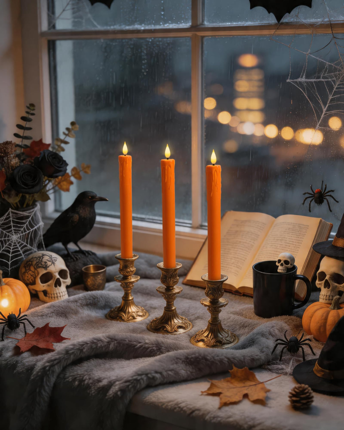 Homemory 6 Pcs Real Wax Ghost Flameless Taper Candles, 3D Wick Flickering Led Candlesticks 9.6 Inch Battery Operated with Remote & Timer, Spooky Halloween Gothic Indoor Decor