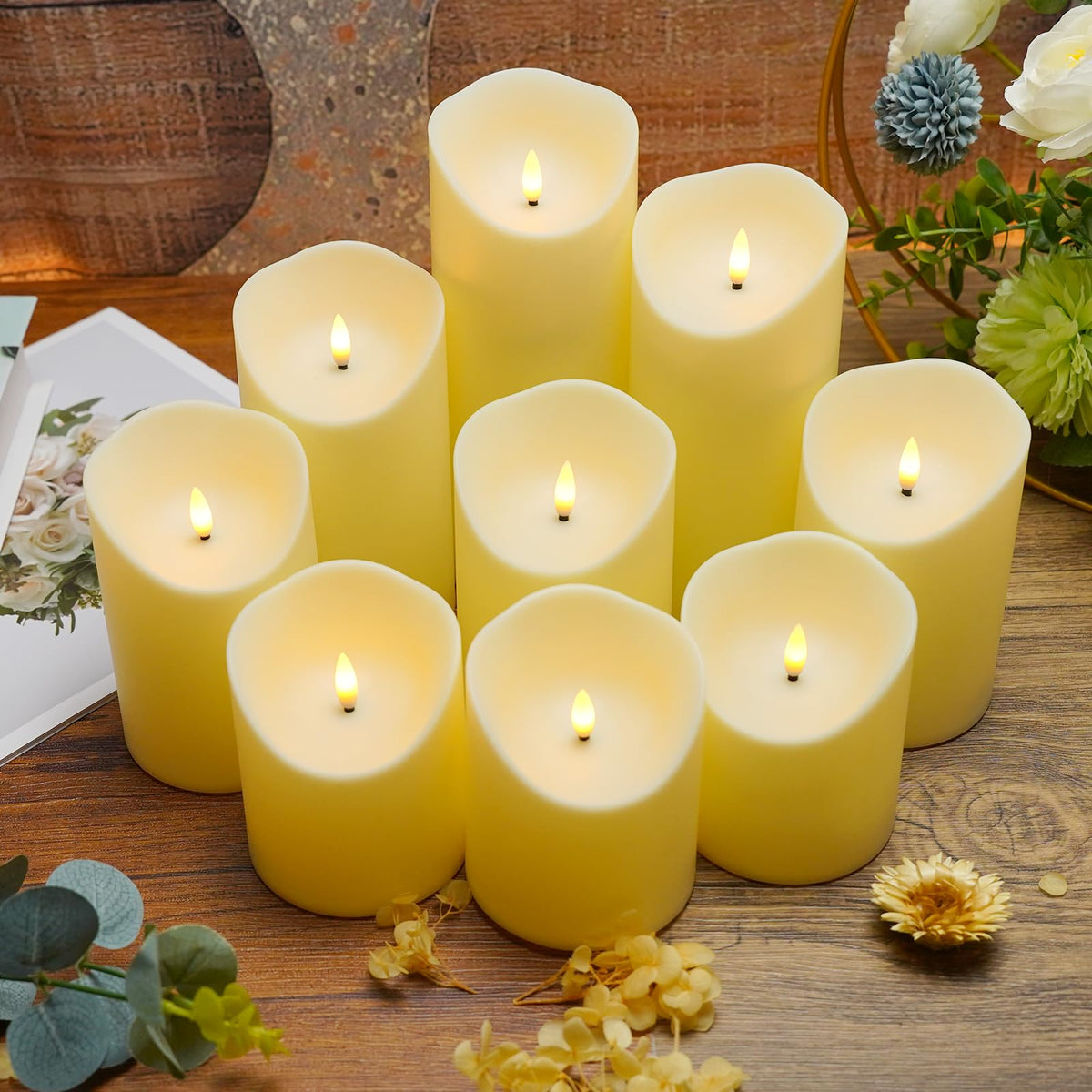 Nimiko Flameless Candles with Remote, Battery Operated Flickering Flameless Candles, LED Candles with Timer 2/4/6/8H, Realistic Drop Wax flameless Candle Set of 9 (D3 x H 3" 4" 5" 6" 7") (Black)