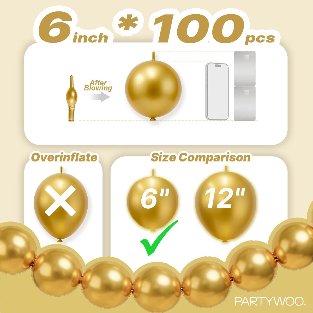 PartyWoo Metallic Gold Linking Balloons 100pcs 6 Inch Gold Link Balloons