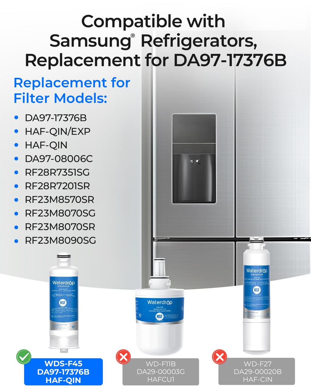Waterdrop WD-F45 Water Filter, Replacement for Samsung® DA97-17376B, 3 Pack