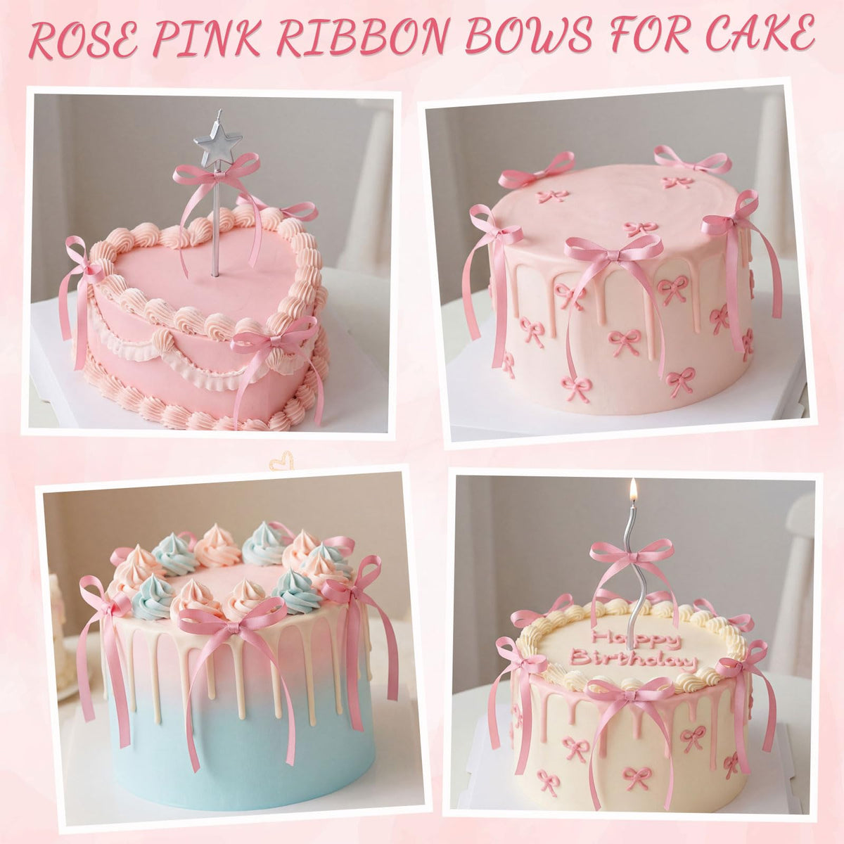 30 Pack Bow Cake Toppers Pink Ribbon Bows for Cake Back to School Decor