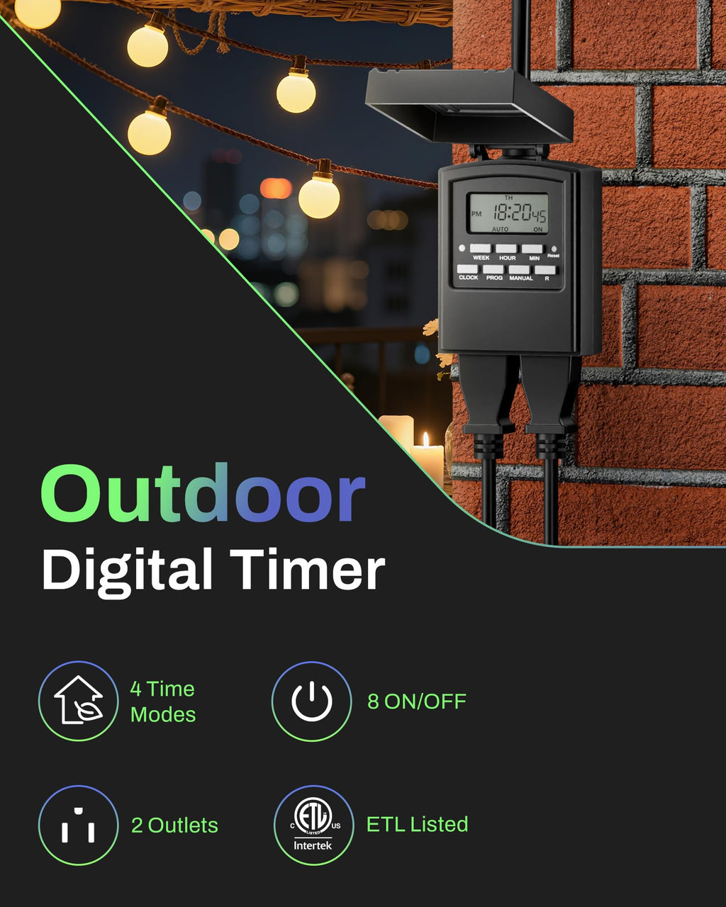 BN-LINK Outdoor 24-Hour Mechanical Timer Outlet, 2 Grounded Outlets