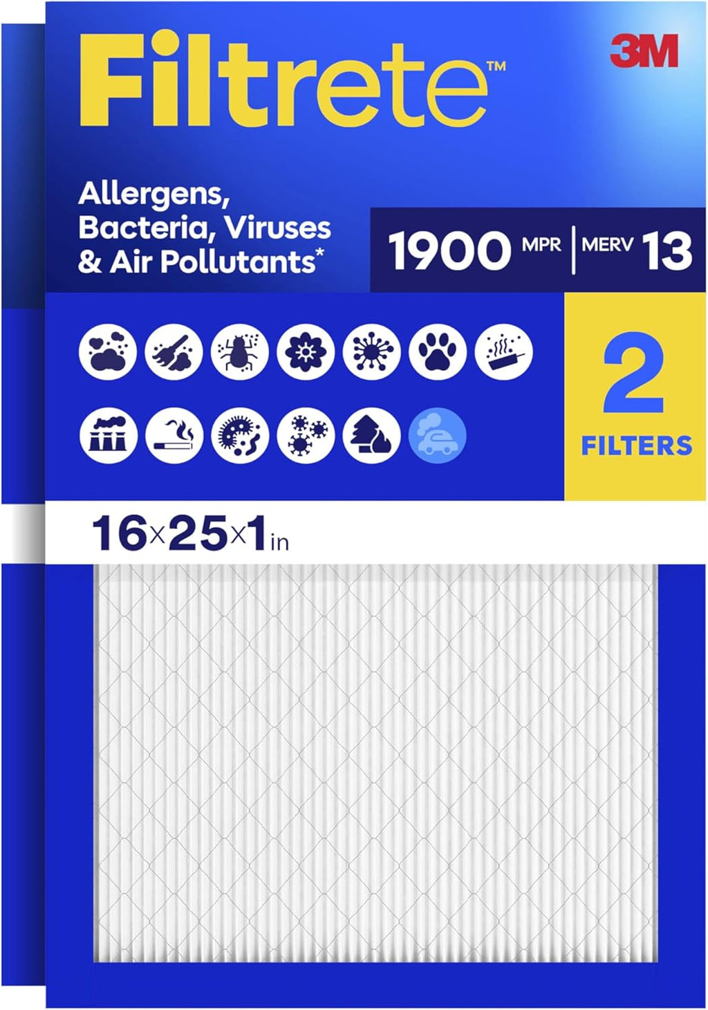 Filtrete 16x25x1 in. Air Filter, MERV 13, MPR 1900, 2 HVAC Filters
