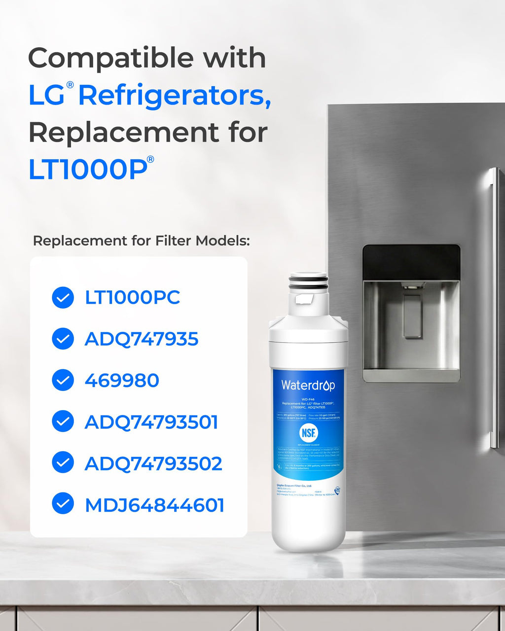 Waterdrop LT1000PC ADQ747935 MDJ64844601 Refrigerator Water Filter, 3 Pack