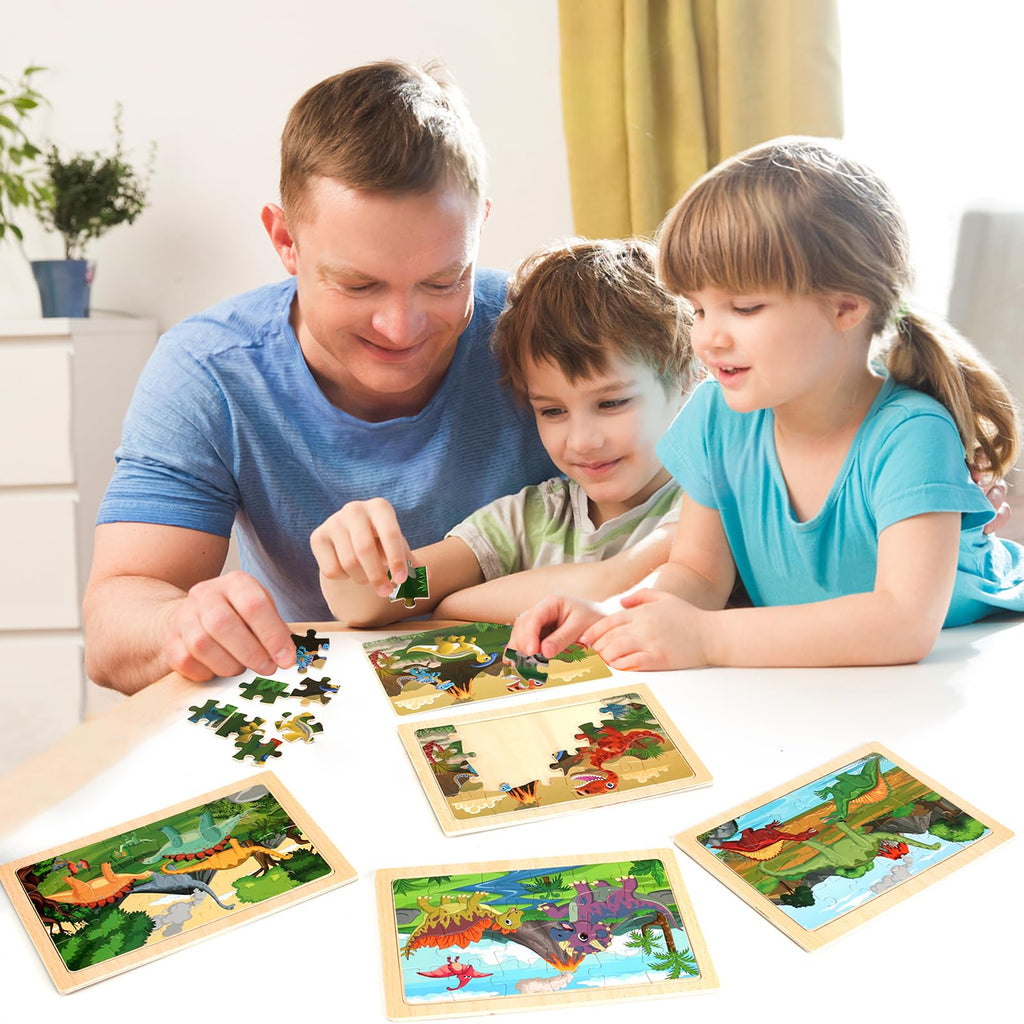 Wooden Educational Jigsaw Puzzles for Preschool Kids Ages 3-5, 4-Pack with 20 Pieces Dinosaur, Space, Transportation Wood Puzzles Set, Kids Brain Teaser Toys, Gifts for Boys Girls Ages 3 4 5 6