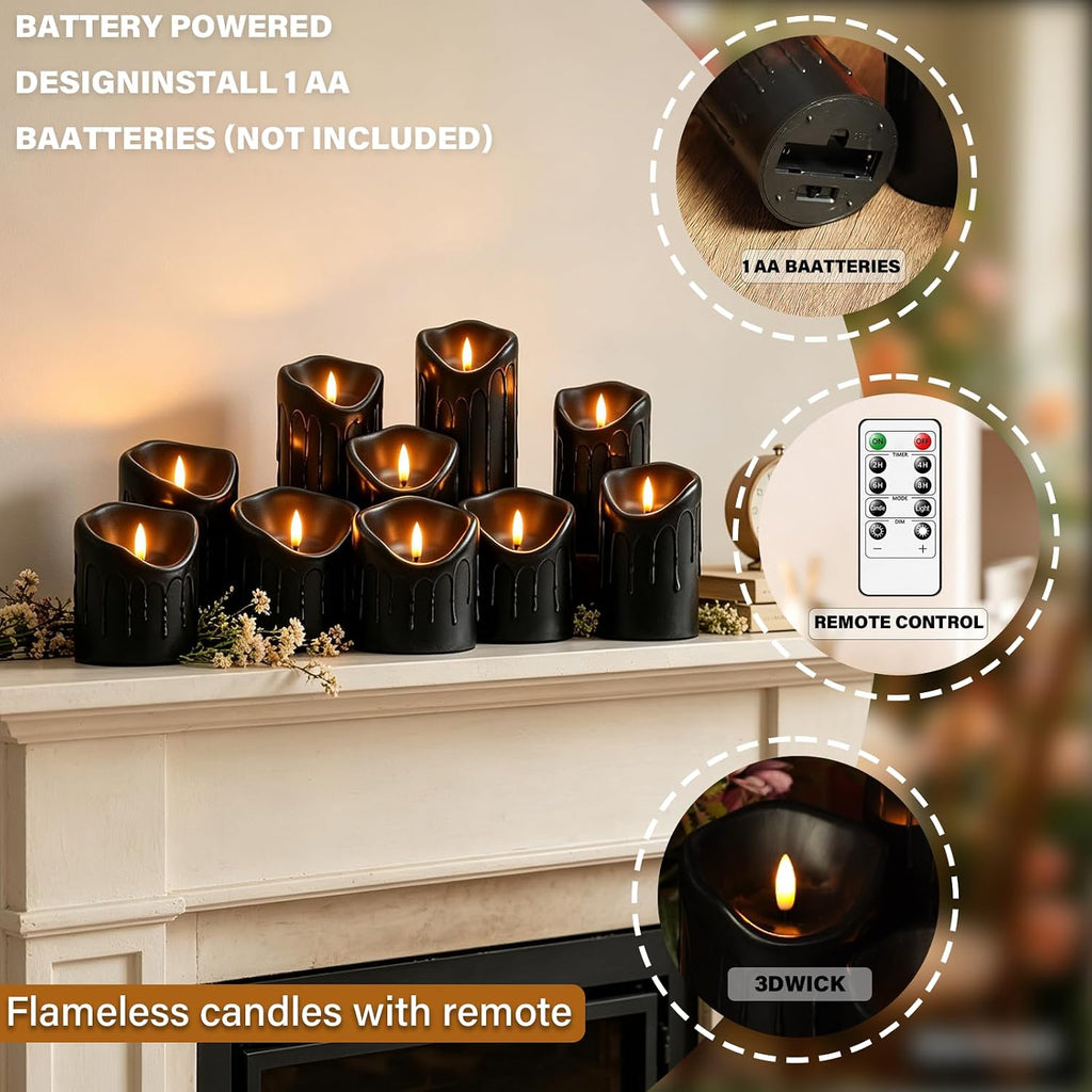 Nimiko Flameless Candles with Remote, Battery Operated Flickering Flameless Candles, LED Candles with Timer 2/4/6/8H, Realistic Drop Wax flameless Candle Set of 9 (D3 x H 3" 4" 5" 6" 7") (Black)