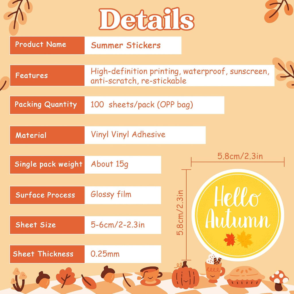 OHOME Fall Stickers | 100 PCS Thanksgiving Stickers for Kids - Vinyl Thanksgiving Games Toys Gifts Activities Essentials Party Favors Supplies - Friendsgiving Crafts Bulk for Classroom Home