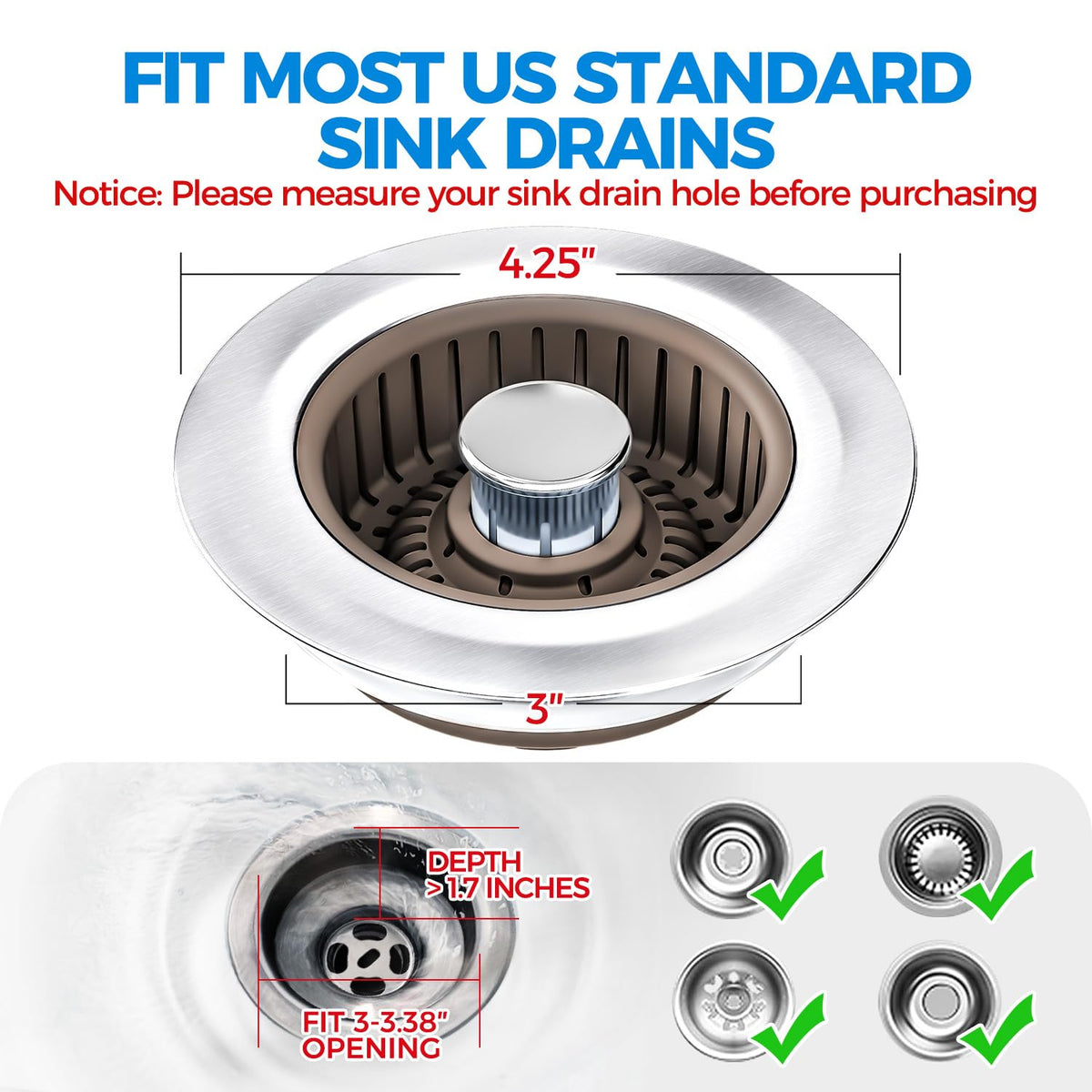 zaa 3 in 1 Kitchen Sink Drain Strainer Stopper Removable Basket Pop-Up