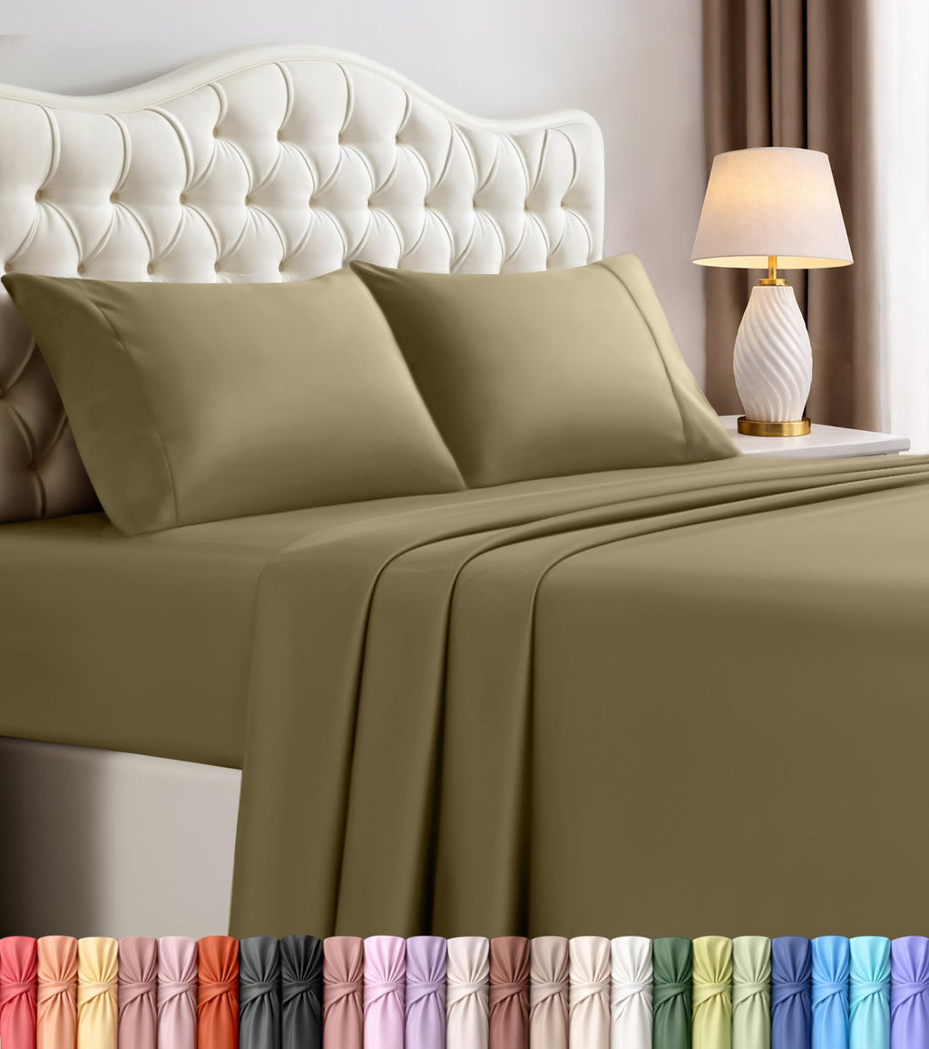 Queen Sheet Set, 4 Pieces 16" Deep Pocket Hotel Luxury Sheets, Heather Sage
