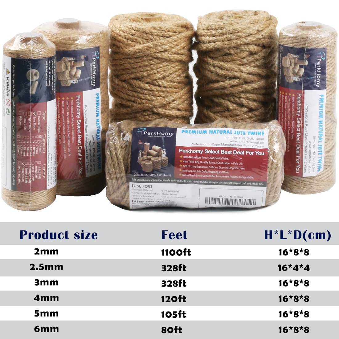 PerkHomy 1100FT Jute Twine String 2mm 3ply Natural Thin Twine for Craft Gardening Gift Wrapping Packing Material Wedding Christmas Decoration Bulk