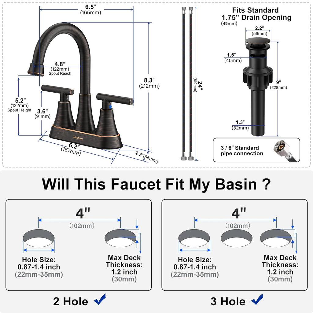 Matte Black Bathroom Faucet, Hurran 4 inch Centerset 2-Handle Lead-Free
