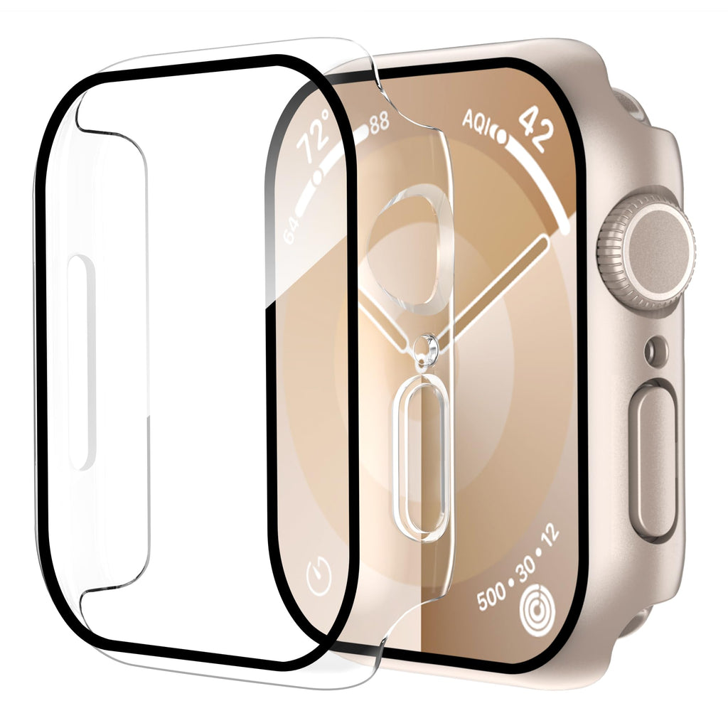 Smiling 2 Pack Case Compatible with Apple Watch Series 9/8/7 41mm with Tempered Glass Screen Protector, Hard PC Case Overall Protective Cover- 1 Silver + 1 Transparent