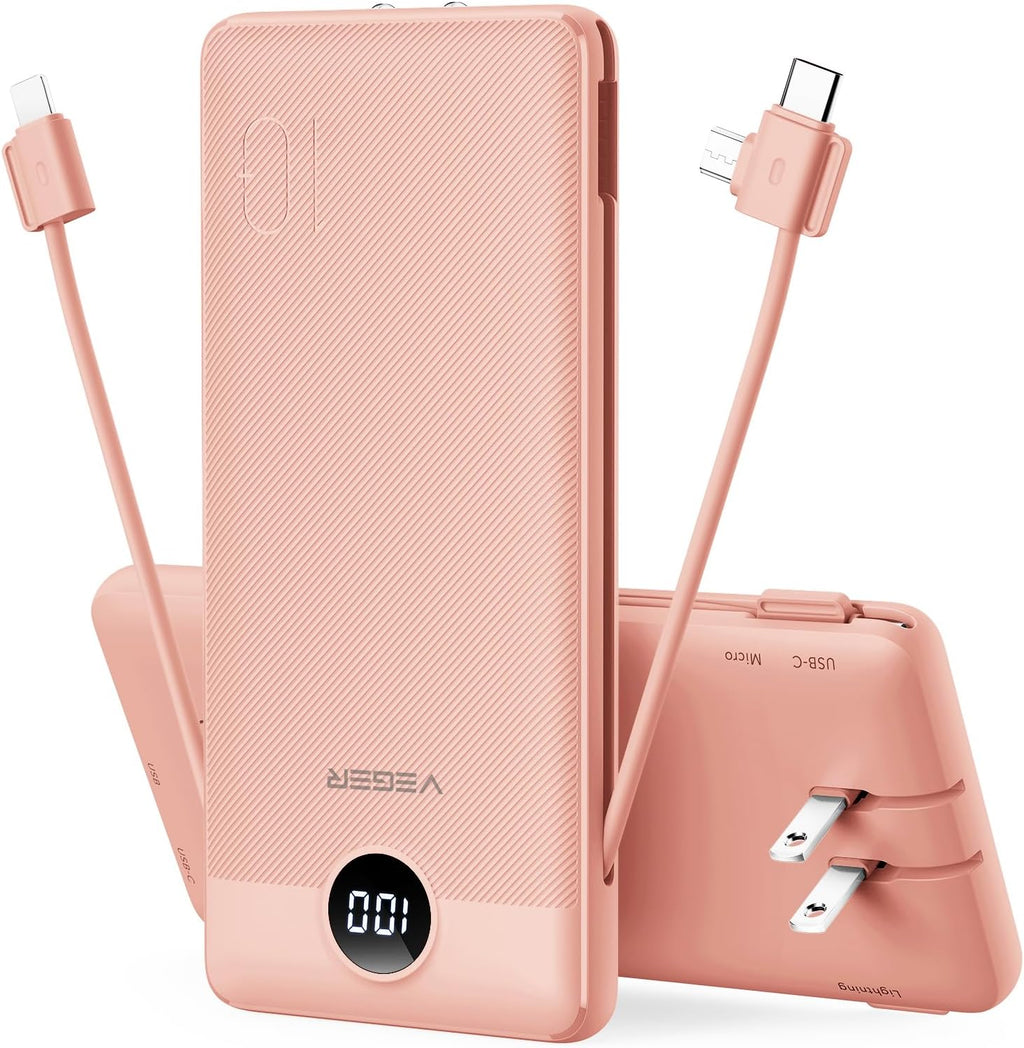 VEGER Portable Charger for iPhone, Power Bank Built in Cables and Wall Plug