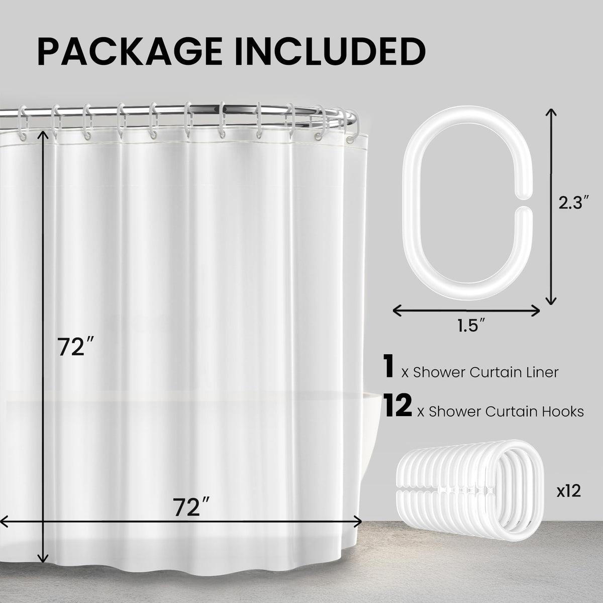 LiBa Shower Curtain PEVA 8G, 72x72 Inch Waterproof Clear