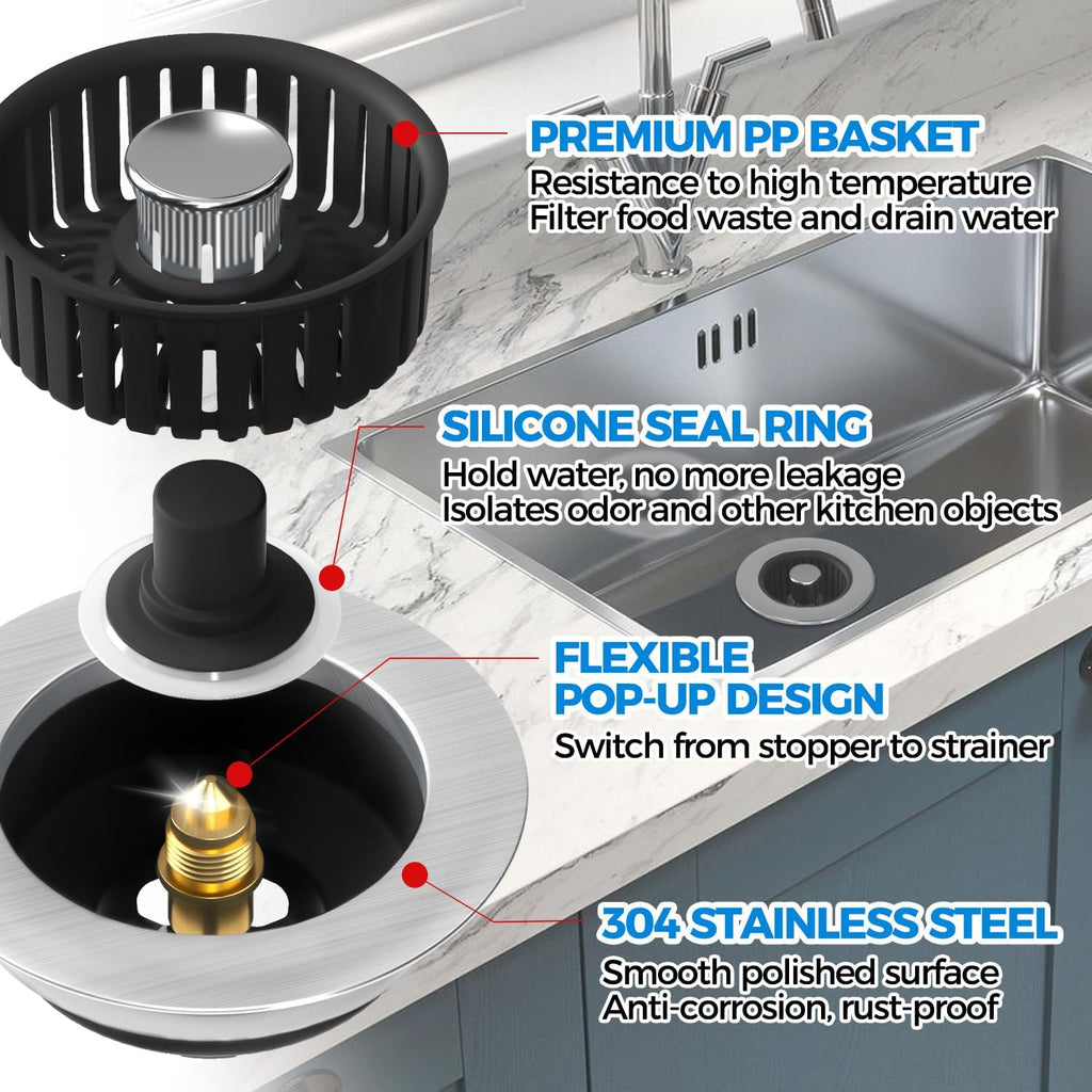 zaa 3 in 1 Kitchen Sink Drain Strainer Stopper Removable Basket Pop-Up