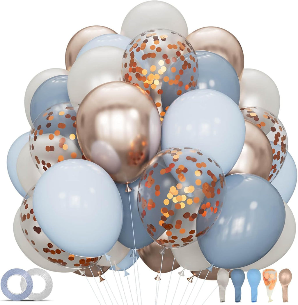68Pcs Dusty Blue and Champagne Gold Balloons 12 Inch Sand White Pastel Baby Blue Confetti Balloon for Boy Baby Shower Bridal Shower Birthday Wedding Party Decorations.