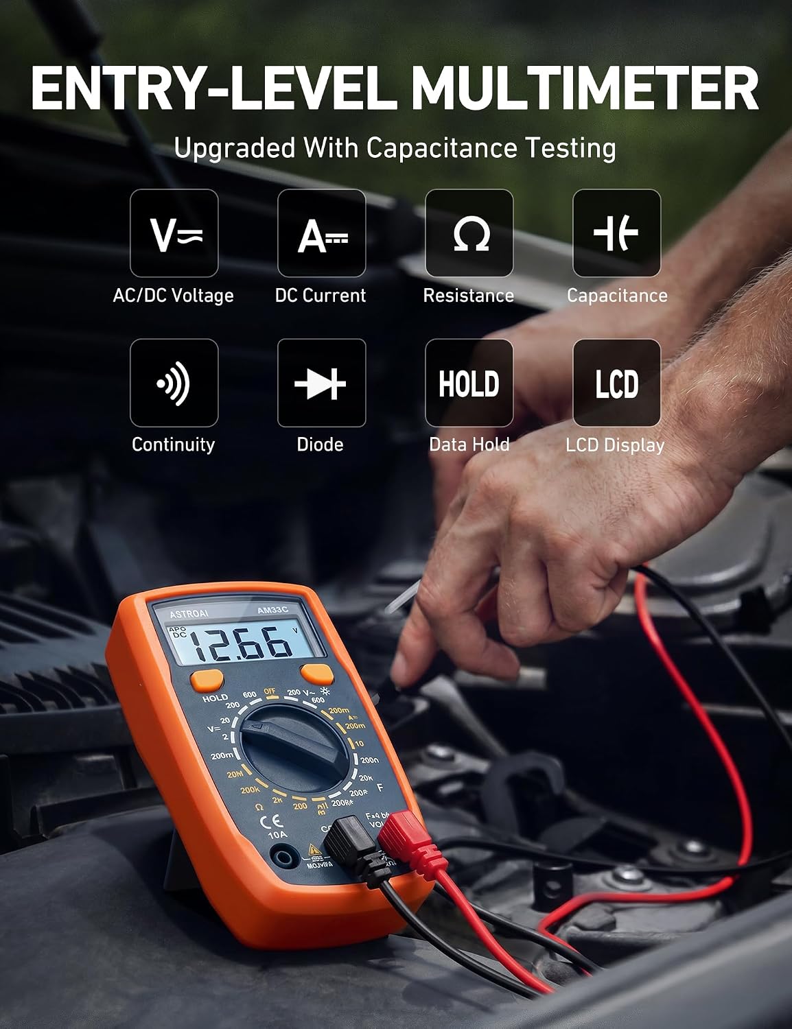 AstroAI Digital Multimeter Tester with Capacitance, 2000 Counts DC AC Voltmeter and Ohm Volt Amp Meter; Measures Voltage, Current, Resistance, Capacitance, Continuity and Diode, Orange