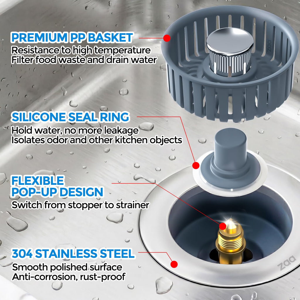 zaa 3 in 1 Kitchen Sink Drain Strainer Stopper Removable Basket Pop-Up