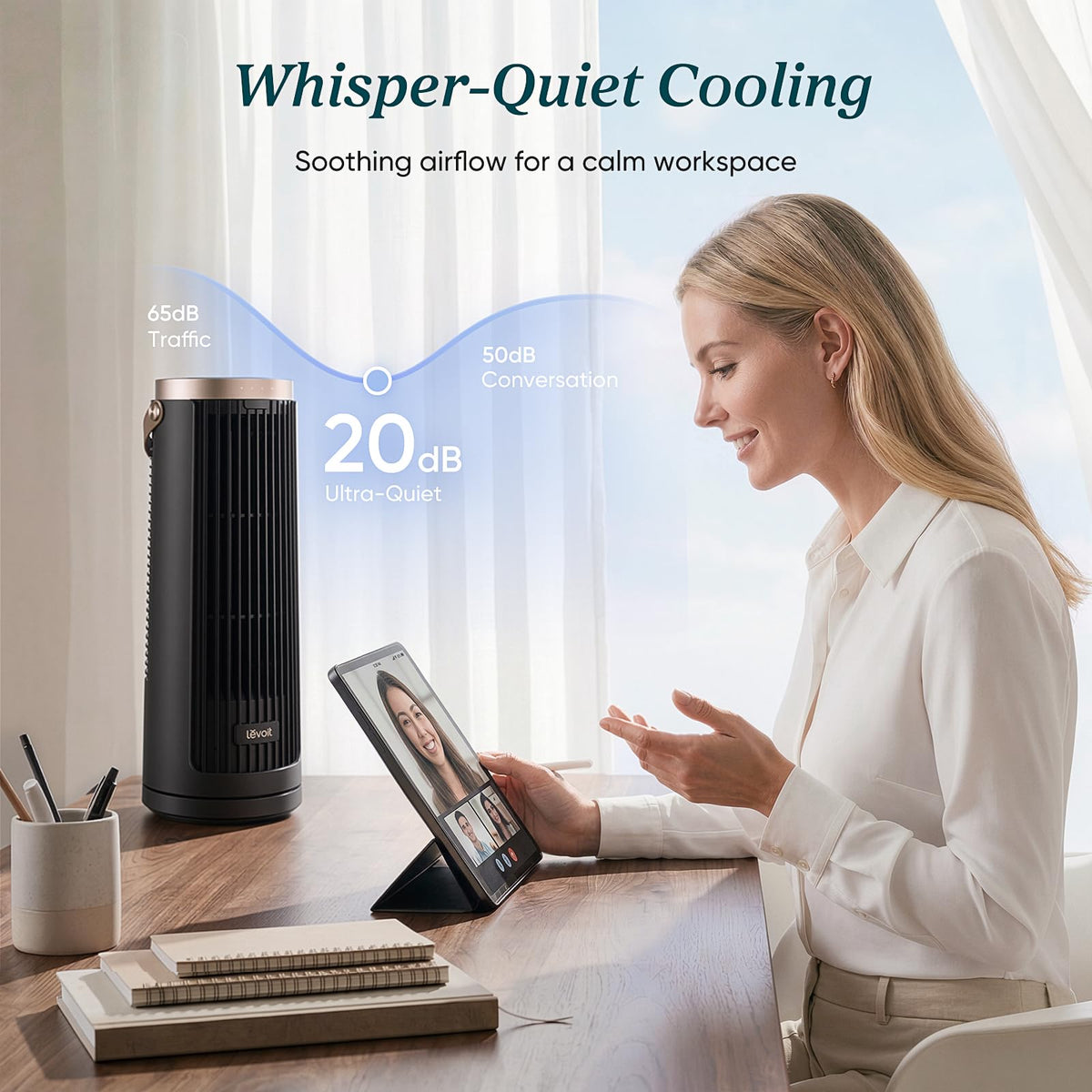 Levoit Tower Fan for Bedroom, 20dB Quiet Desk Fan, Easy to Carry & Plug-in